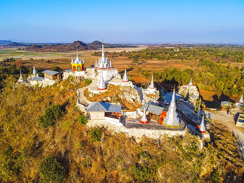 Aerial by drone of a stupa near Panpet, Loikaw area, Kayah state, Myanmar (Burma), Asia