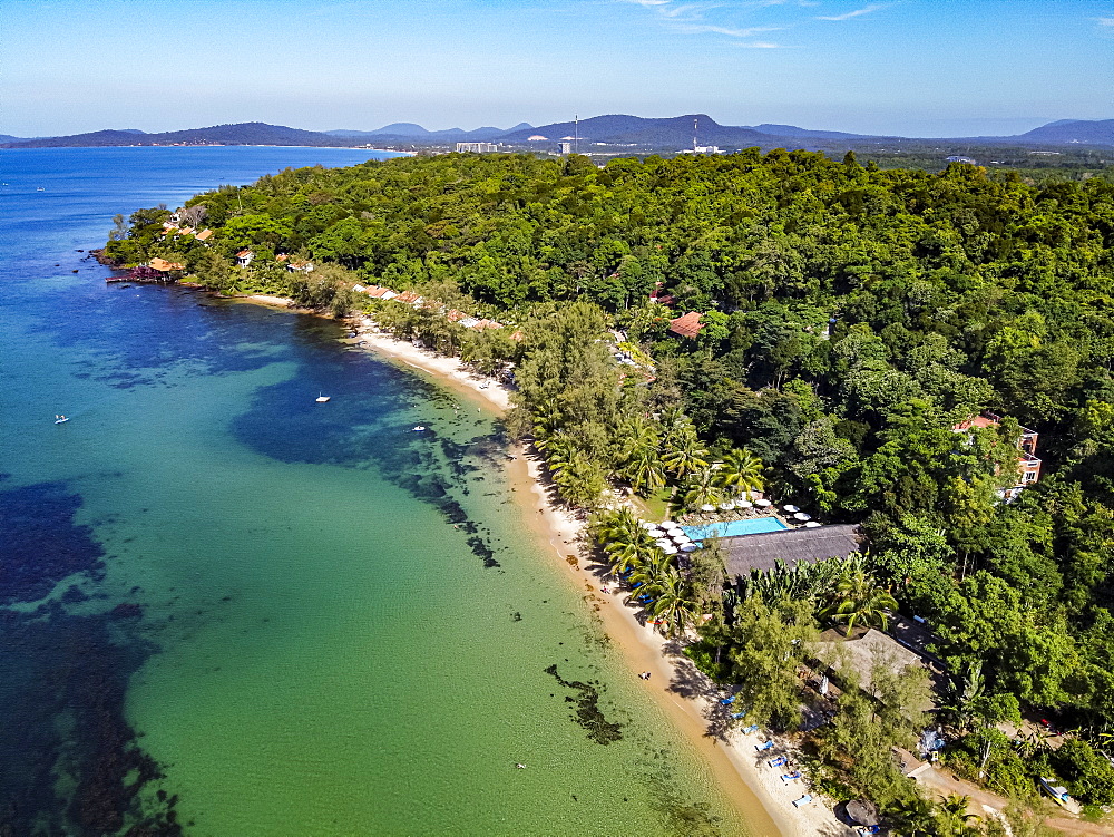 Aerial of the clear waters of Ong Lang beach, island of Phu Quoc, Vietnam, Indochina, Southeast Asia, Asia