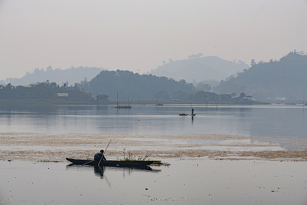 Fisherman in his canoe fishing, Loktak Lake, Moirang, Manipur, India, Asia