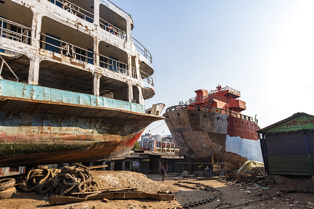 Ships being broken up in the shipwreck cemetery (ship breaking yard), Port of Dhaka, Bangladesh, Asia