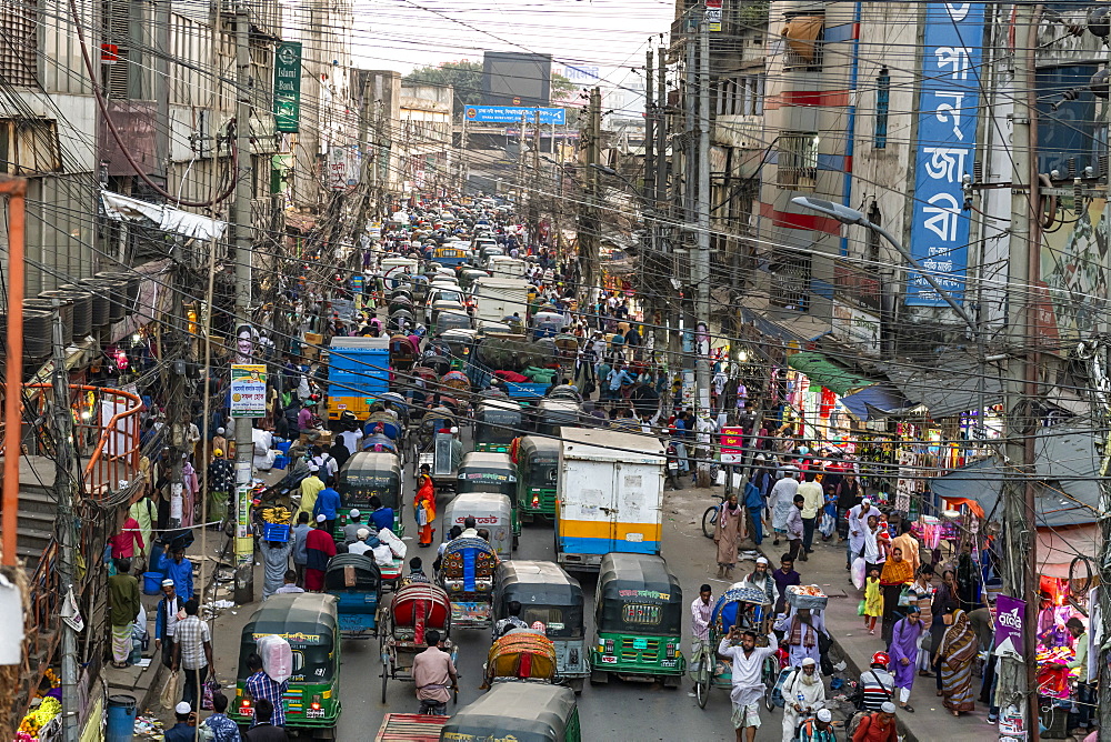 Overcrowded completely with rickshaws, a street in the center of Dhaka, Bangladesh, Asia