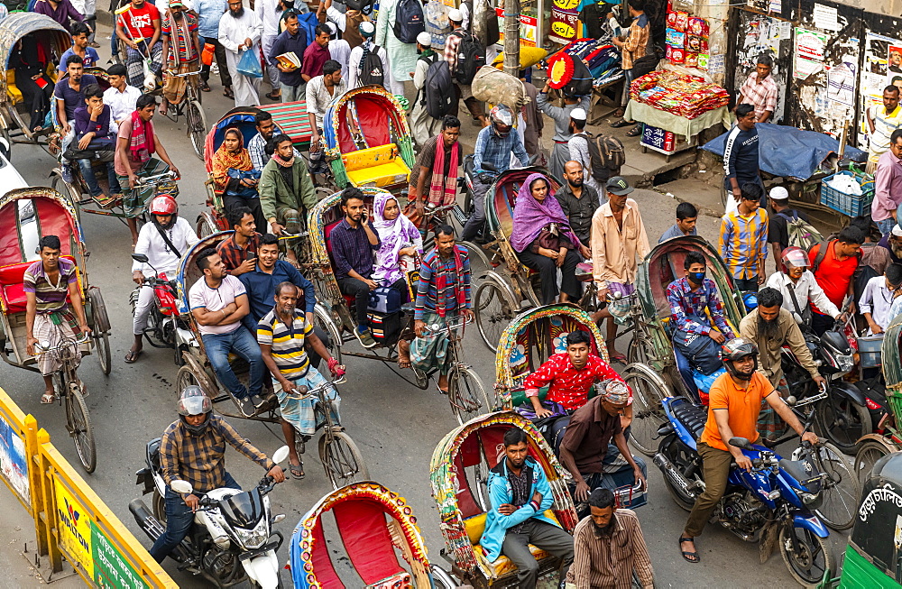 Overcrowded completely with rickshaws, a street in the center of Dhaka, Bangladesh, Asia