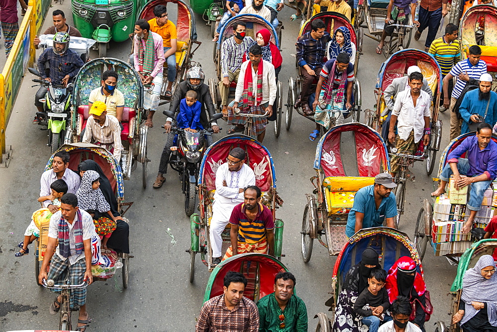 Overcrowded completely with rickshaws, a street in the center of Dhaka, Bangladesh, Asia