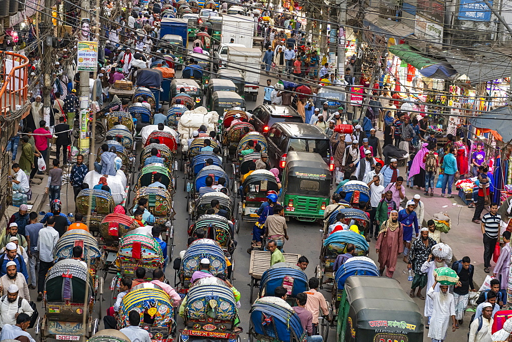 Overcrowded completely with rickshaws, a street in the center of Dhaka, Bangladesh, Asia