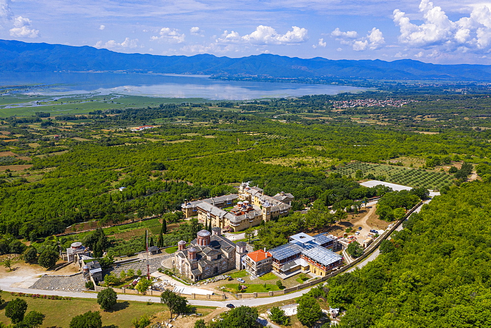 Aerial by drone of a monastery at the Kerkini lake, Macedonia, Greece, Europe