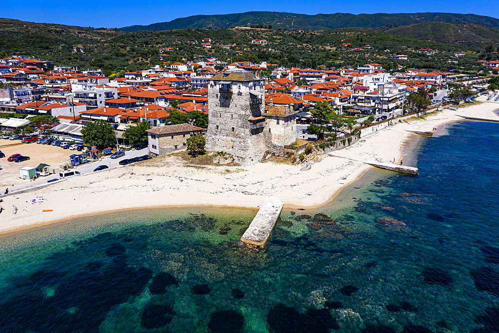 Aerial by drone of the tower of Prosphorion, Ouranopoli, Mount Athos, Central Macedonia, Greece, Europe