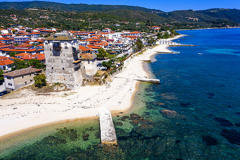 Aerial by drone of the tower of Prosphorion, Ouranopoli, Mount Athos, Central Macedonia, Greece, Europe