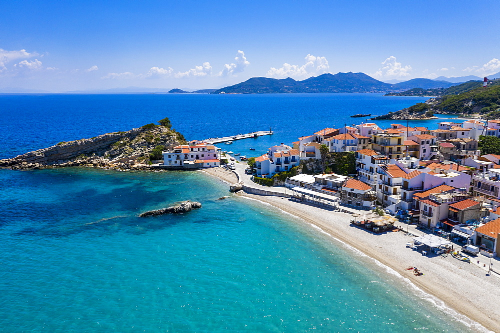 Aerial by drone of Kokkari and its pebble beach, Samos, Greek Islands, Greece, Europe