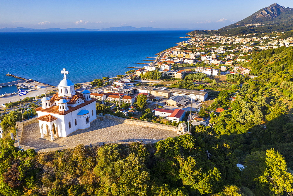 Aerial of by drone Agia Triada church, Paleo Karlovasi, Samos, Greek Islands, Greece, Europe