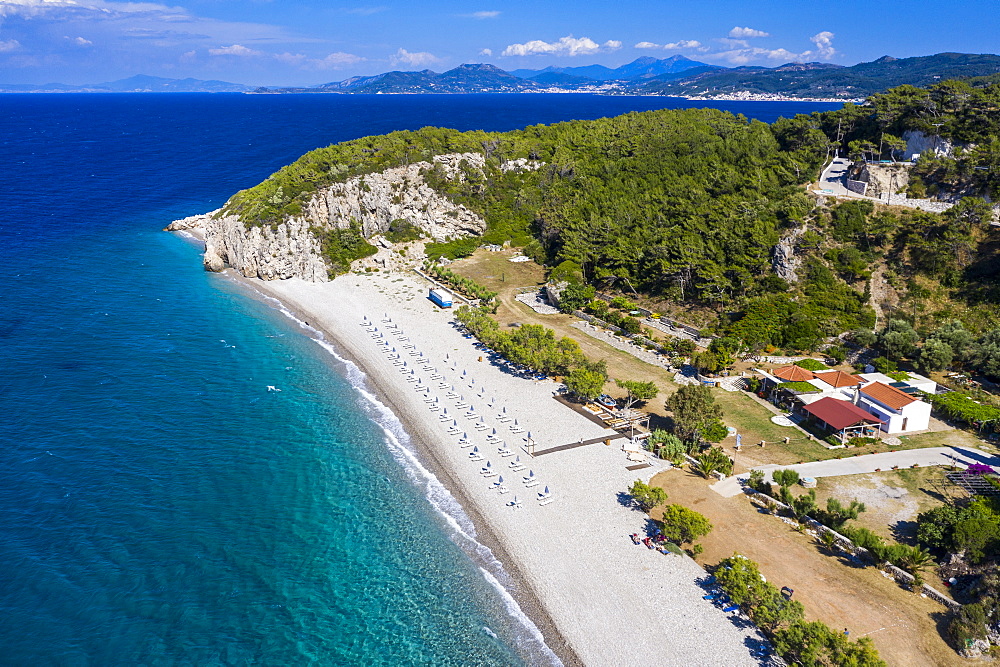 Aerial by drone of Tsambou Beach, Samos, Greek Islands, Greece, Europe