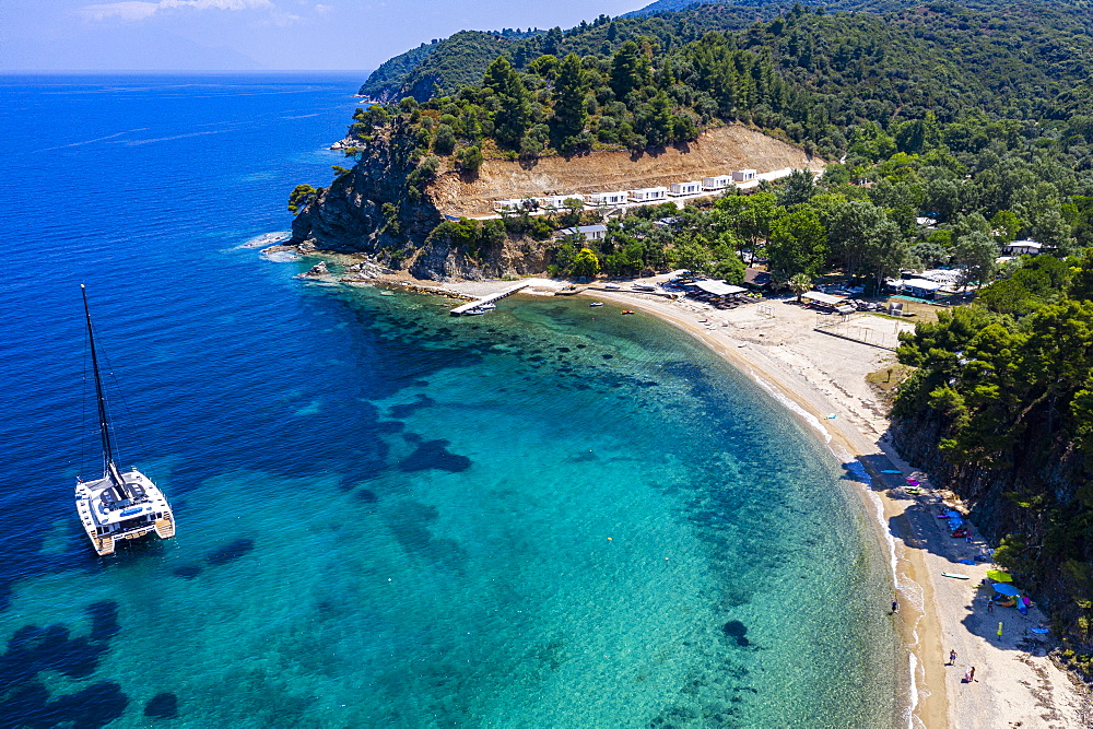 Aerial by drone of Zografou Beach, Sithonia, Greece, Europe