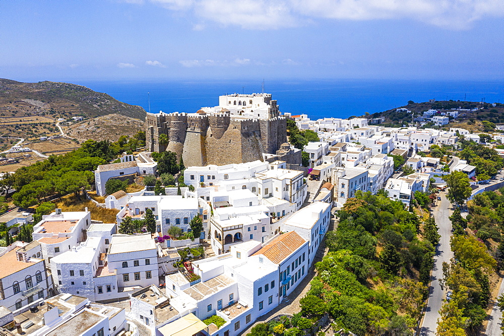 Aerial by drone of the Monastery of Saint John the Theologian, UNESCO World Heritage Site, Chora, Patmos, Dodecanese, Greek Islands, Greece, Europe