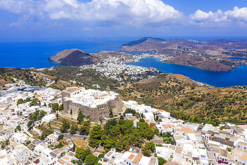 Aerial by drone of the Monastery of Saint John the Theologian, UNESCO World Heritage Site, Chora, Patmos, Dodecanese, Greek Islands, Greece, Europe