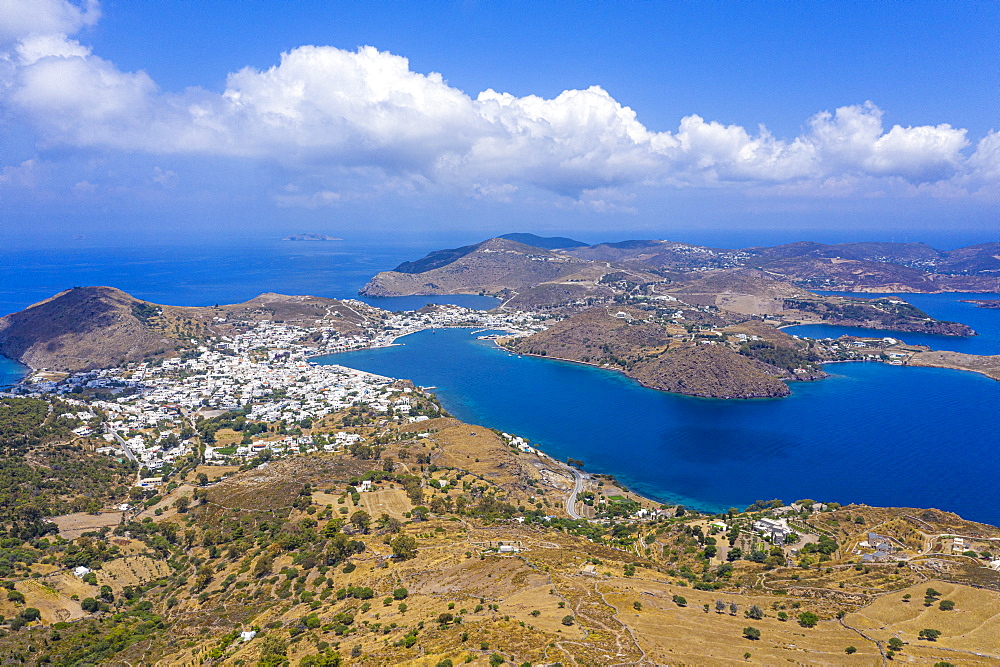 Aerial by drone over Patmos and the town of Skala, Patmos, Dodecanese, Greek Islands, Greece, Europe