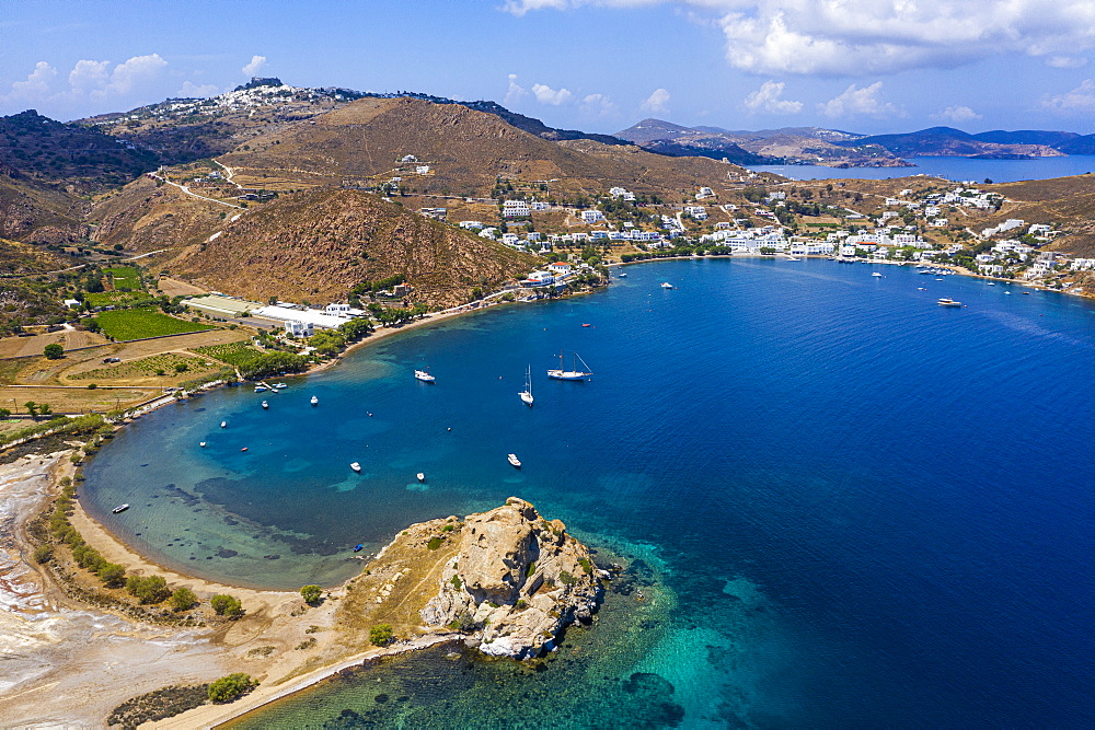 Aerial by drone of the bay of Grikos, Patmos, Dodecanese, Greek Islands, Greece, Europe