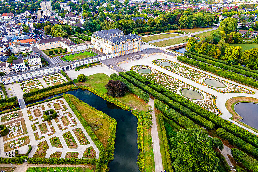 Aerial of Augustusburg Palace, UNESCO World Heritage Site, Bruhl, North Rhine-Westphalia, Germany, Europe