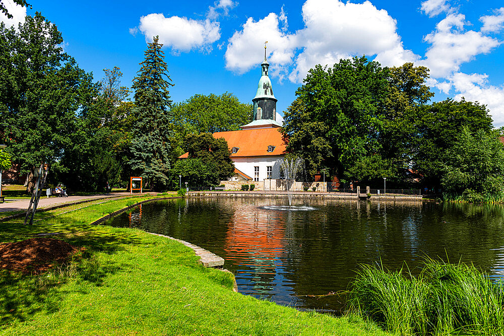 Pond in front of the Michaelis Church in Fallersleben, Wolfsburg, Lower Saxony, Germany, Europe