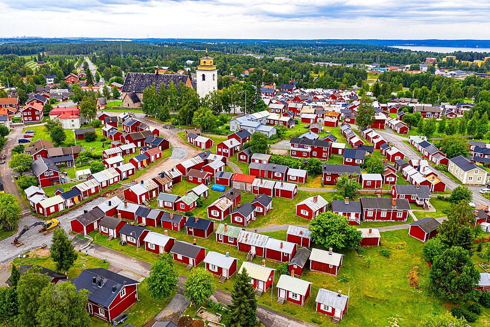 Aerial of Gammelstaden, UNESCO World Heritage Site, Gammelstad Church Town, Lulea, Sweden, Scandinavia, Europe