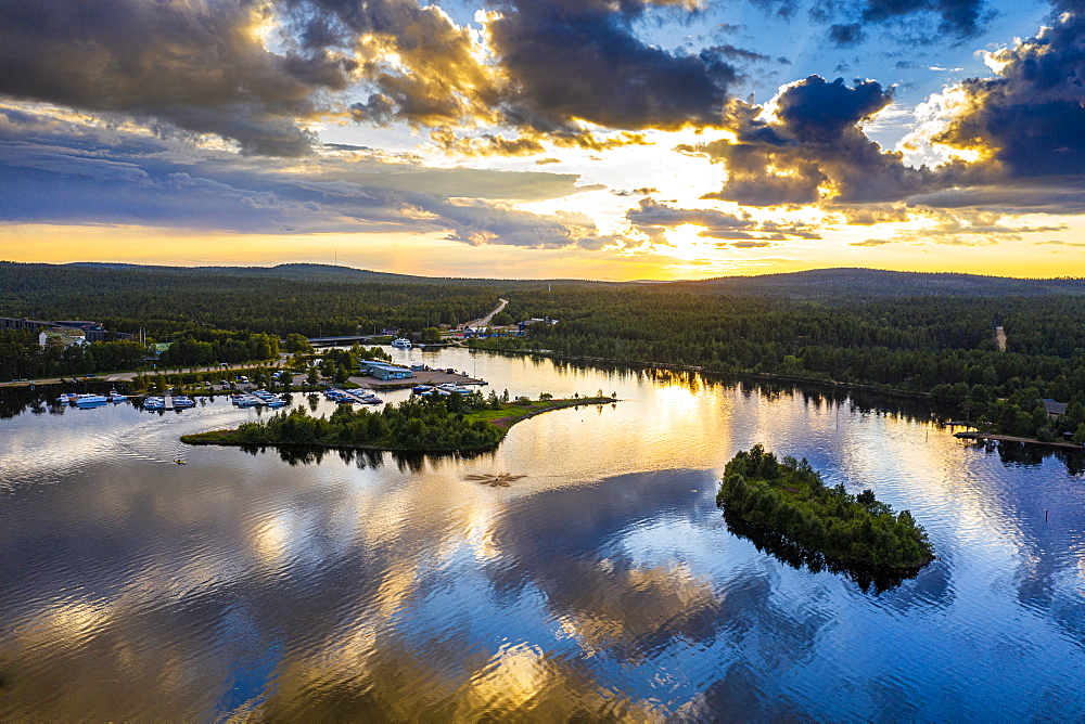 Clouds reflecting at sunset on Lake Inari, Inari, Lapland, northern Finland, Europe