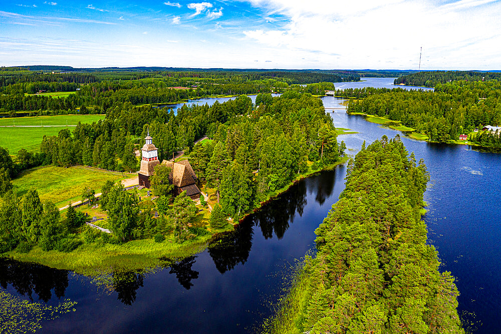 Aerial view of Petaejeveden (Petajavesi) including the Old Church, UNESCO World Heritage Site, Finland, Europe