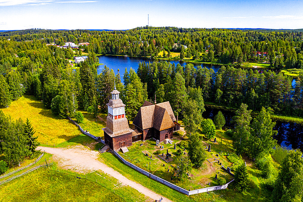 Aerial of Petajavesi Old Church, Petaejeveden (Petajavesi), Finland, Europe