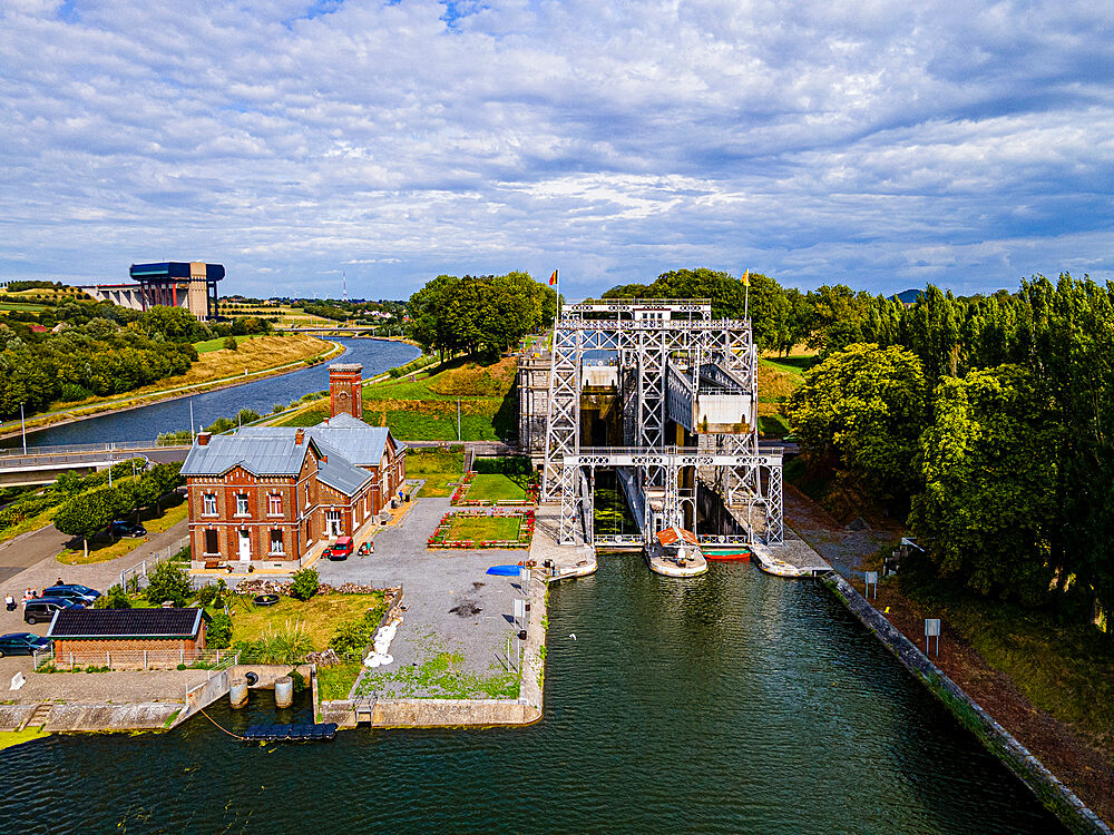 Aerial of Houdeng-Goegnies Lift No 1, UNESCO World Heritage Site, Boat Lifts on the Canal du Centre, La Louviere, Belgium, Europe