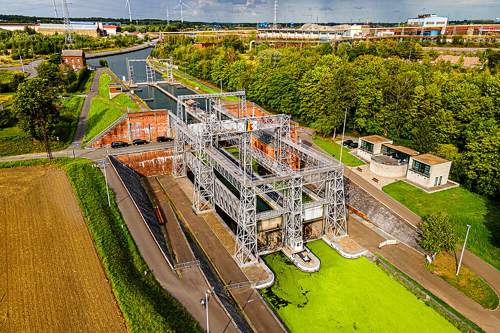 Aerial of Houdeng-Goegnies Lift No 1, UNESCO World Heritage Site, Boat Lifts on the Canal du Centre, La Louviere, Belgium, Europe