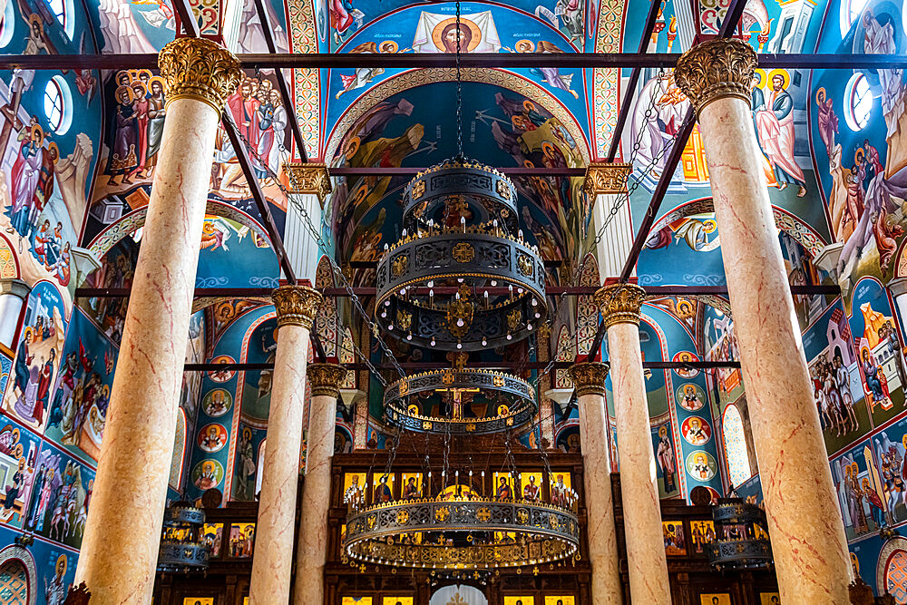 Colourful religious wall paintings, Orthodox Holy Trinity Cathedral, Nis, Serbia, Europe