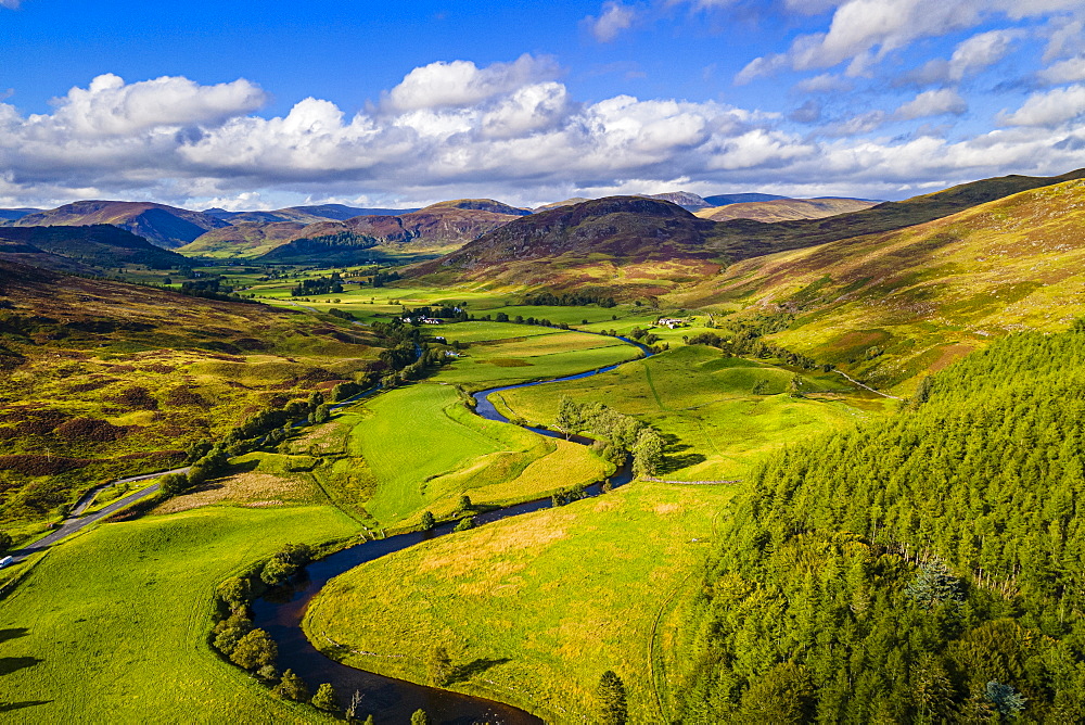 Aerial of the beautiful scenery around Dalnaglar Castle, Glenshee, Perthshire, Scotland, United Kingdom, Europe