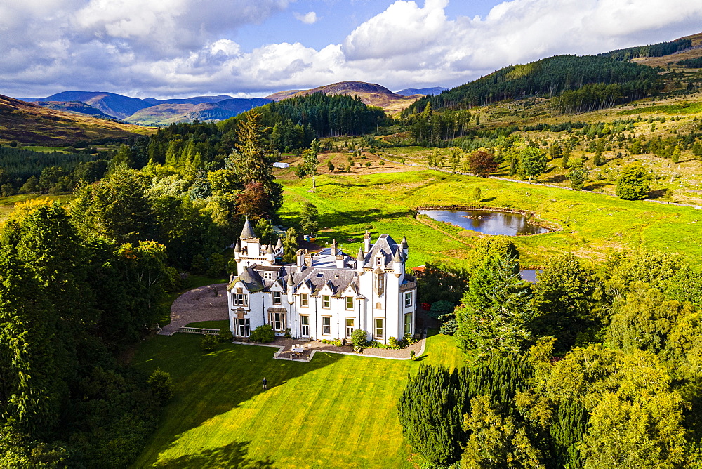 Aerial of Dalnaglar Castle, Glenshee, Perthshire, Scotland, United Kingdom, Europe