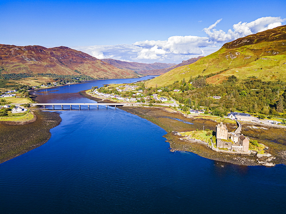 Aerial of the Eilean Donan Castle, Highlands, Scotland, United Kingdom, Europe