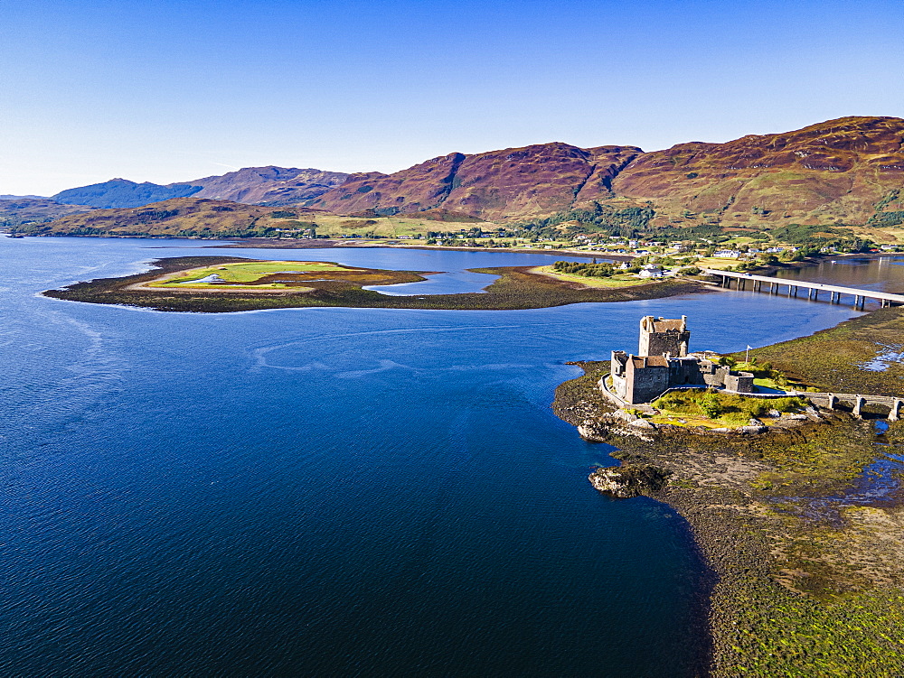 Aerial of the Eilean Donan Castle, Highlands, Scotland, United Kingdom, Europe