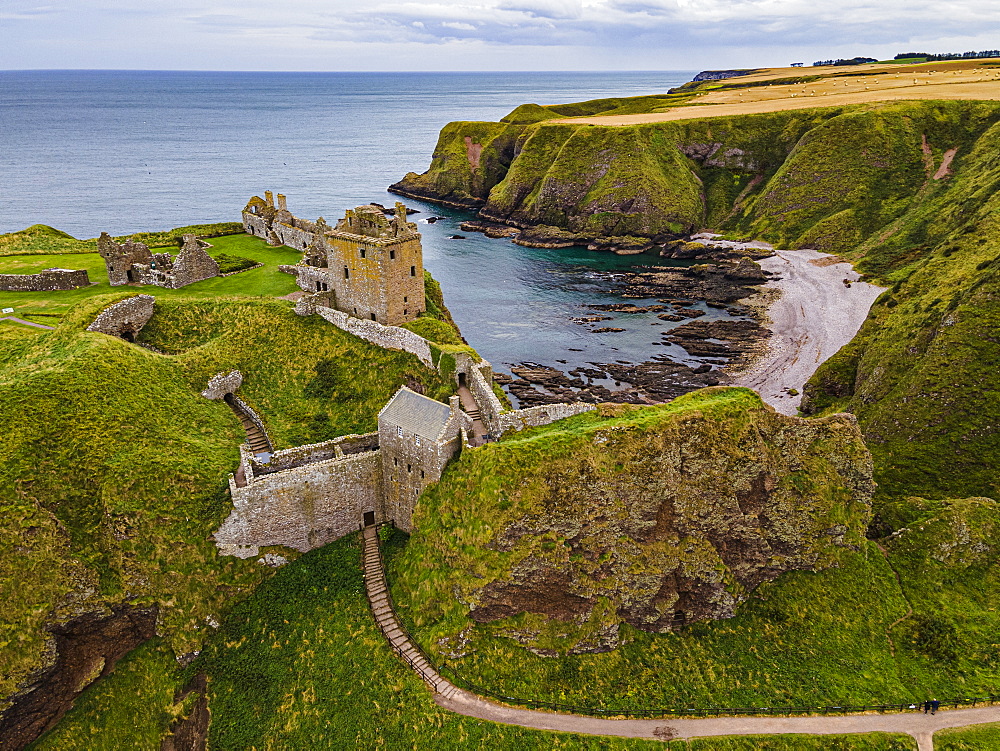 Aerial of Dunnottar Castle, Stonehaven, Aberdeenshire, Scotland, United Kingdom, Europe