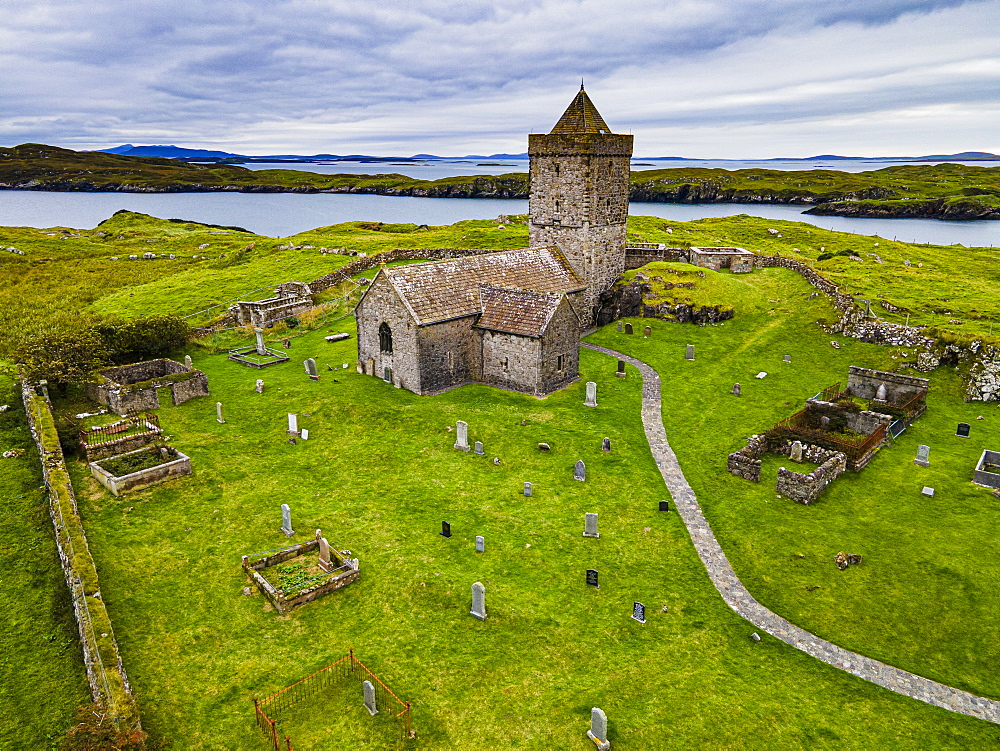 Aerial of St. Clements Church, Rodel, Isle of Harris, Outer Hebrides, Scotland, United Kingdom, Europe