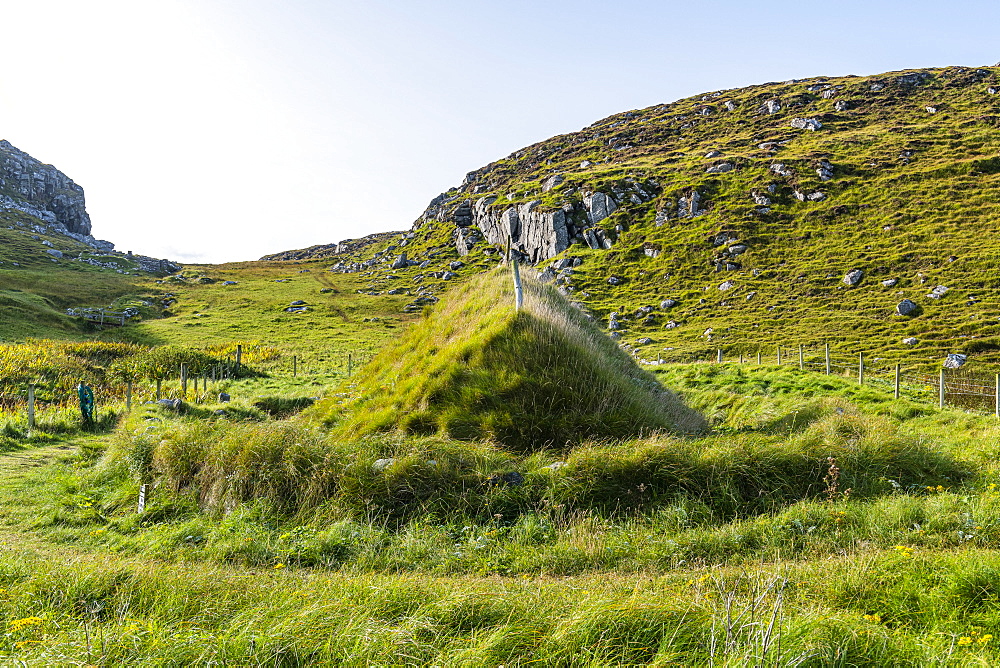 Iron Age house on Bosta beach, Isle of Lewis, Outer Hebrides, Scotland, United Kingdom, Europe