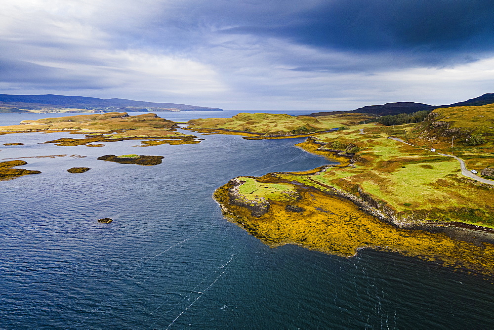 Aerial of Loch Dunvegan, Isle of Skye, Inner Hebrides, Scotland, United Kingdom, Europe