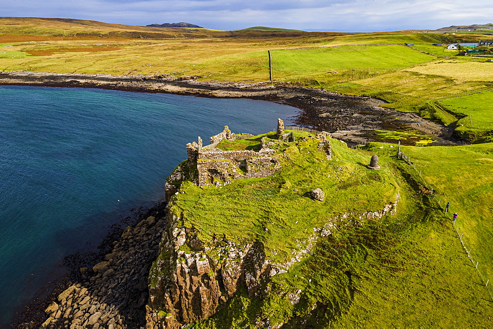 Aerial of Duntulm Castle, Isle of Skye, Inner Hebrides, Scotland, United Kingdom, Europe