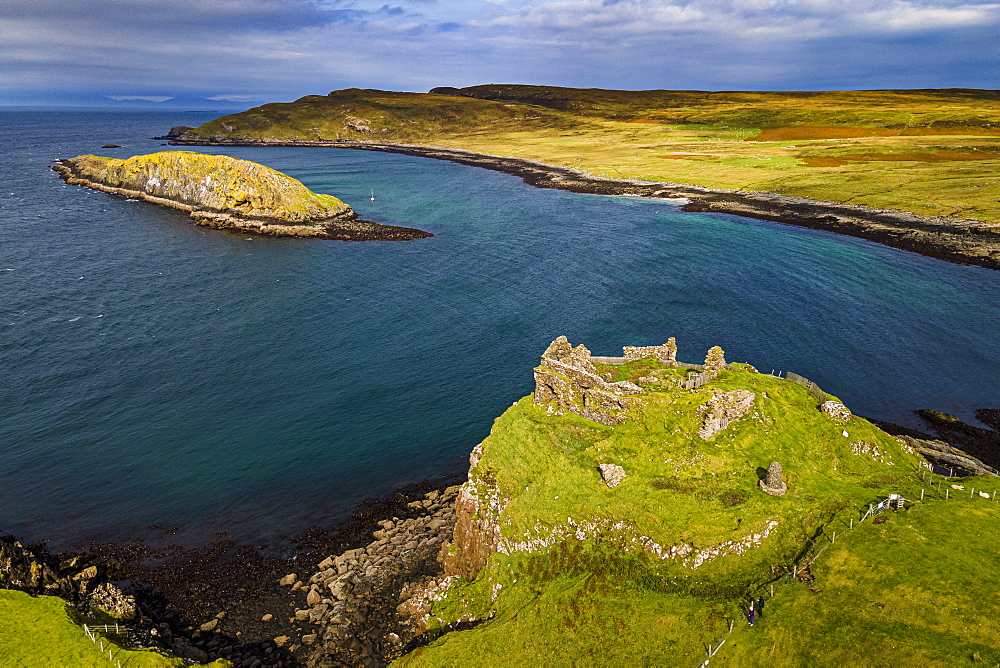 Aerial of Duntulm Castle, Isle of Skye, Inner Hebrides, Scotland, United Kingdom, Europe