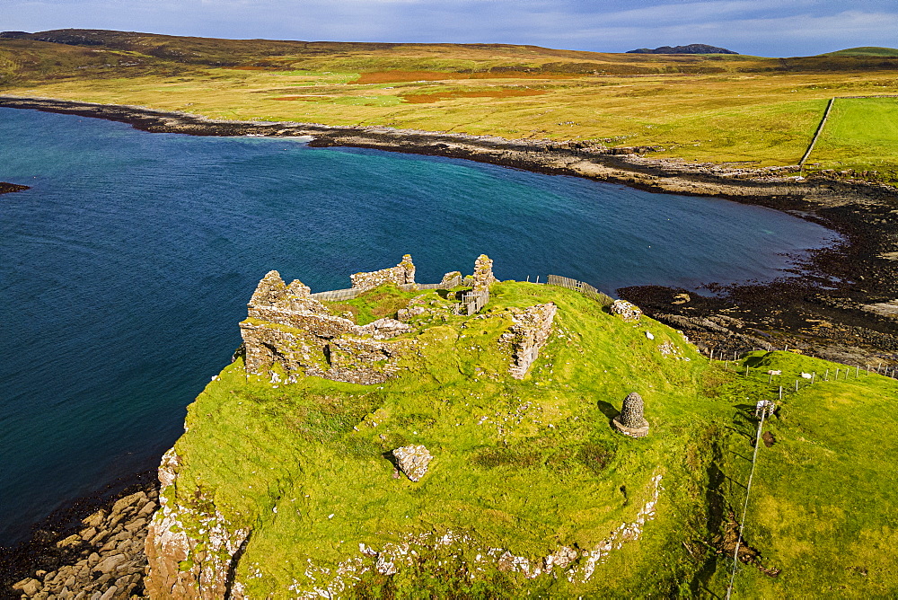 Aerial of Duntulm Castle, Isle of Skye, Inner Hebrides, Scotland, United Kingdom, Europe