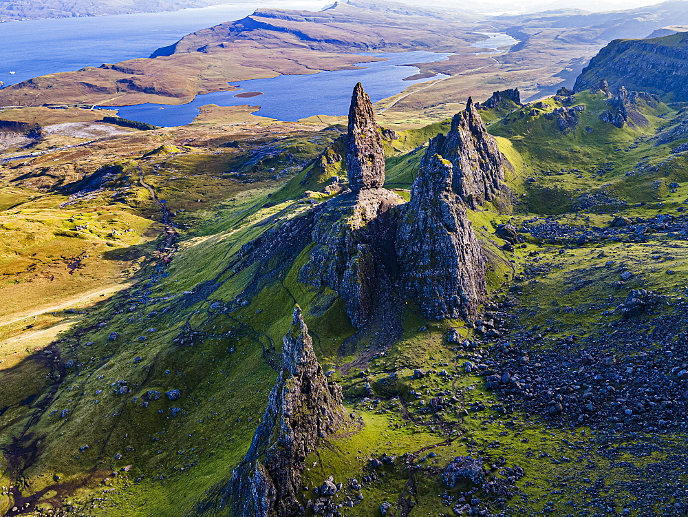 Aerial of the Storr pinnacle, Isle of Skye, Inner Hebrides, Scotland, United Kingdom, Europe