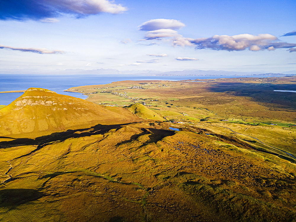 Aerial of the rugged mountain landscape of the Quiraing, Isle of Skye, Inner Hebrides, Scotland, United Kingdom, Europe