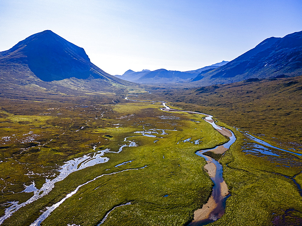 Aerial of the Black Cuillin ridge, Isle of Skye, Inner Hebrides, Scotland, United Kingdom, Europe