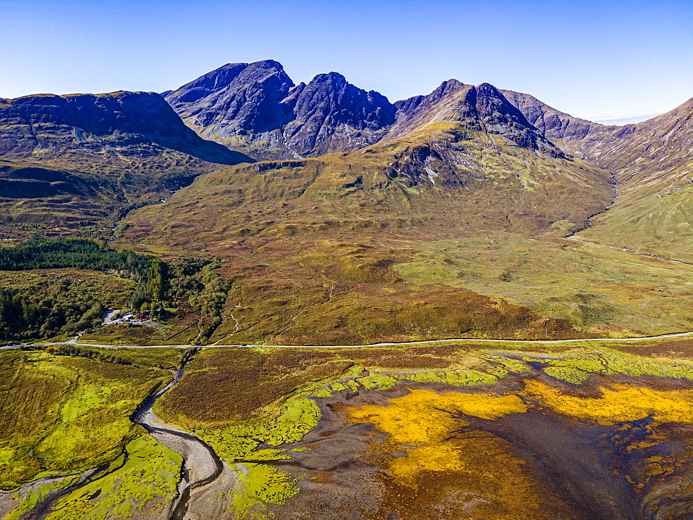 Aerial of the Black Cuillin ridge, Elgol, Isle of Skye, Inner Hebrides, Scotland, United Kingdom, Europe