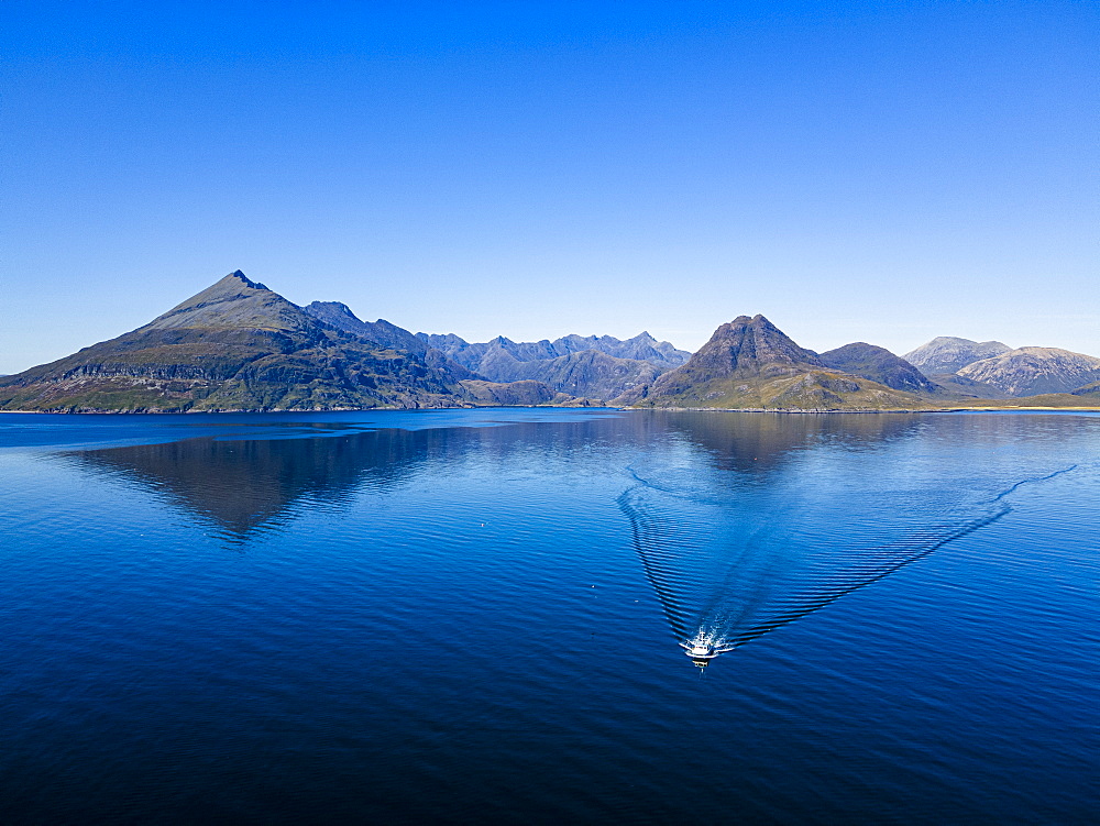 Aerial of the Black Cuillin ridge, Elgol, Isle of Skye, Inner Hebrides, Scotland, United Kingdom, Europe