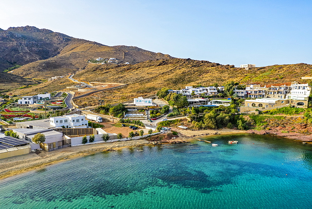 Aerial of Panormos beach, Mykonos, Cyclades, Greek Islands, Greece, Europe