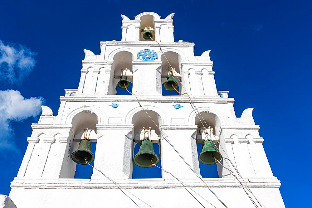 Bell tower, traditional village of Megalochori, Santorini, Cyclades, Greek Islands, Greece, Europe