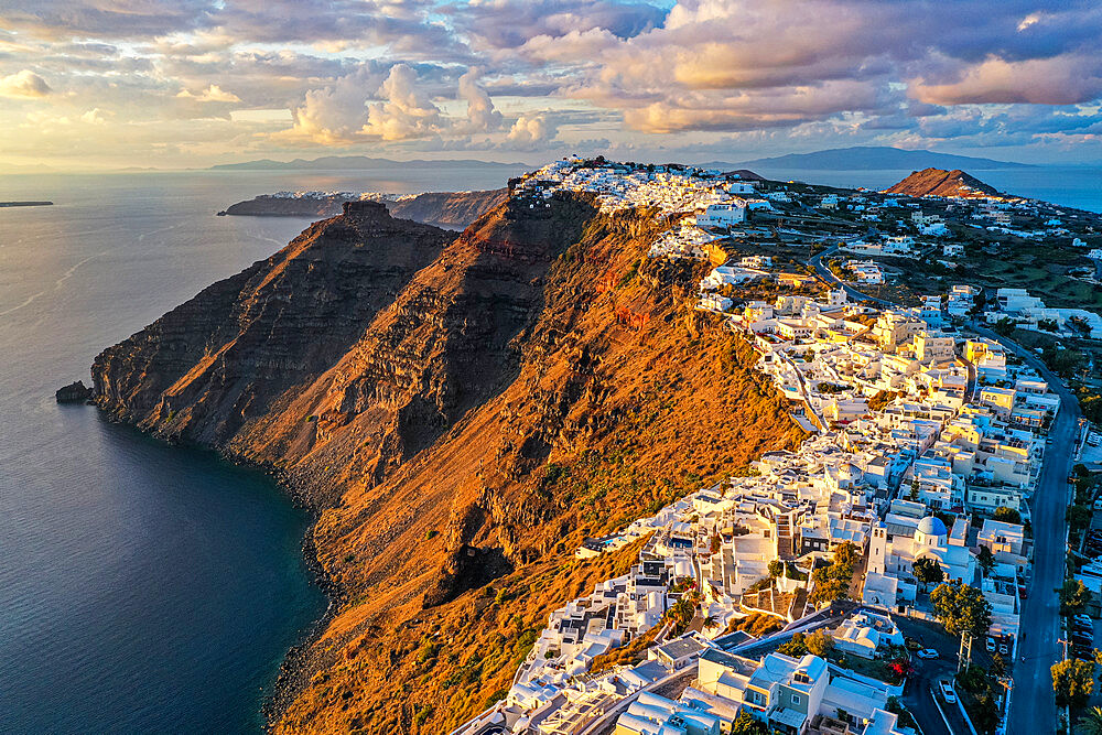 Aerial of Fira at sunset, Santorini, Cyclades, Greek Islands, Greece, Europe