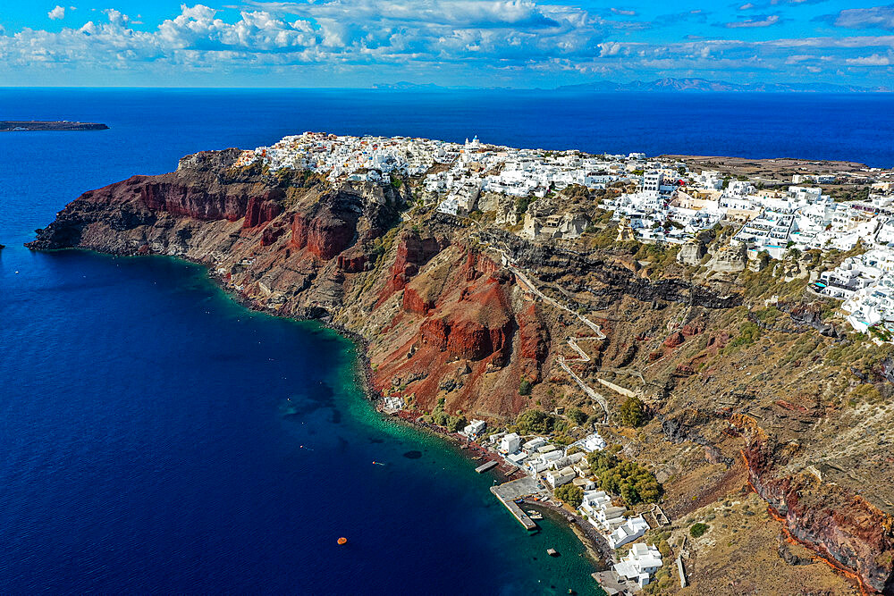 Aerial of Oia, Santorini, Cyclades, Greek Islands, Greece, Europe