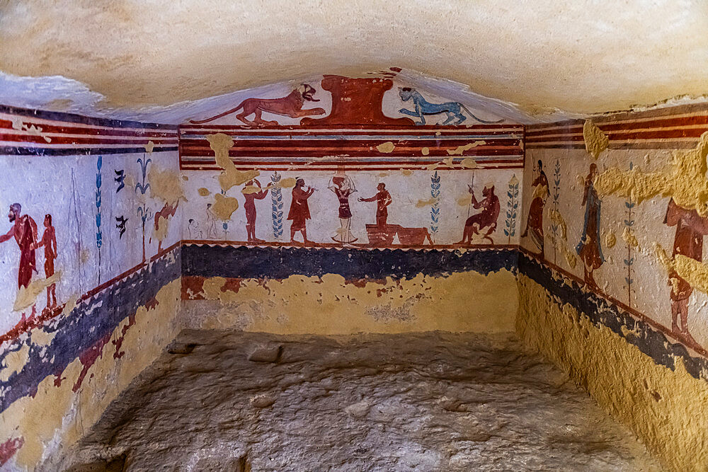 Beautiful wall paintings in the Necropolis of Tarchuna, UNESCO World Heritage Site, Tarquinia, Viterbo, Lazio, Italy, Europe