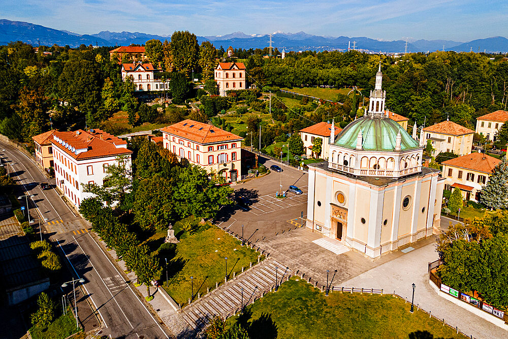 Aerial of the company town of Crespi d'Adda, UNESCO World Heritage Site, Lombardy, Italy, Europe